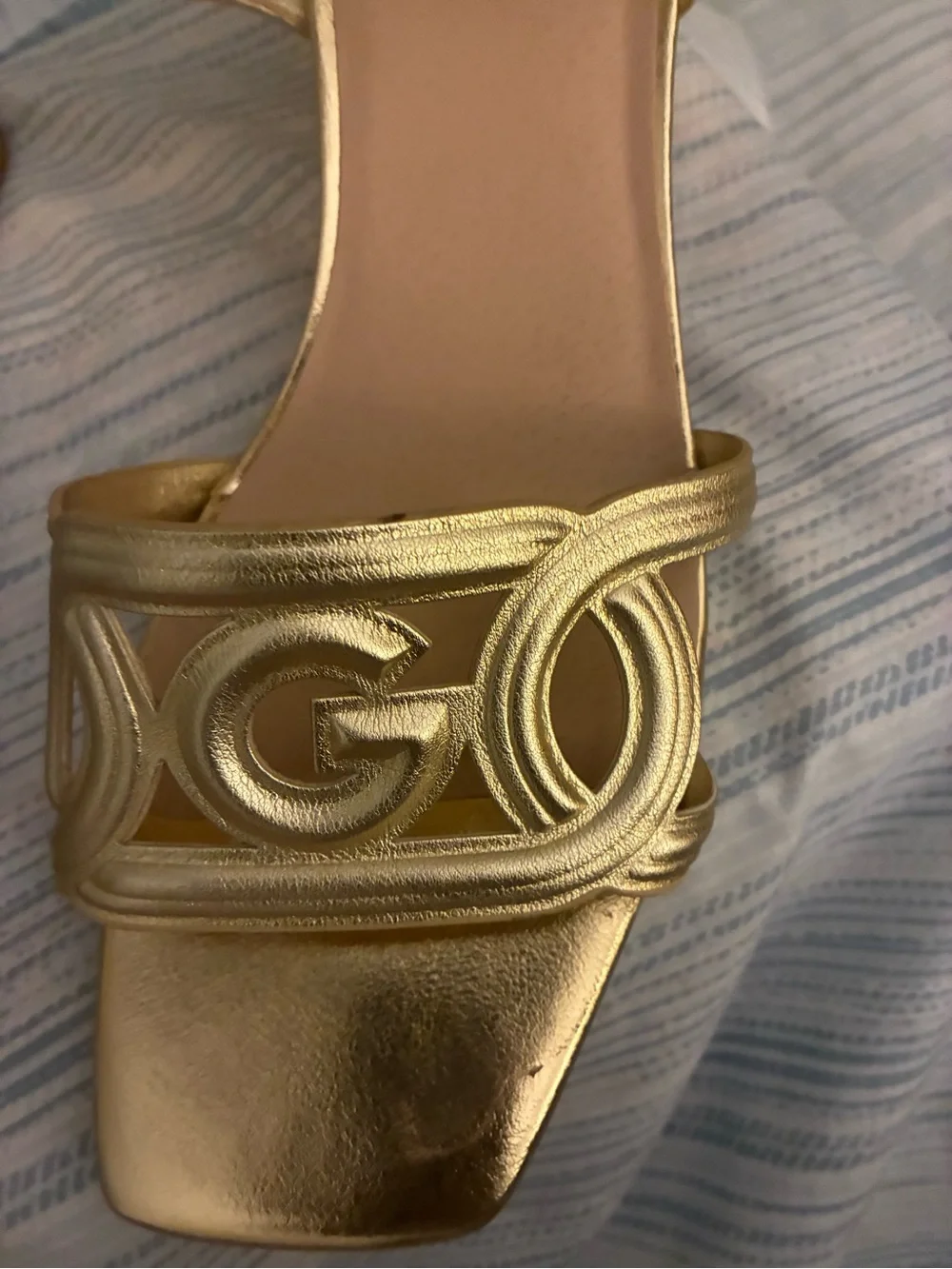 GBG Los Angeles Gold Metallic Logo Cutout Heels
